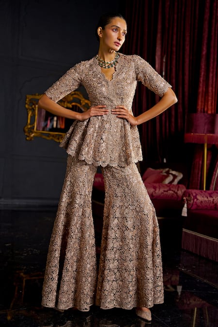 Shop Dash And Dot Brown Polyester Sequins, Embroidery Floral Pattern Flared Pant Online at Aza Fashions Shop_Dash And Dot_Brown Polyester Sequins, Embroidery Floral Pattern Flared Pant _Online_at_Aza_Fashions