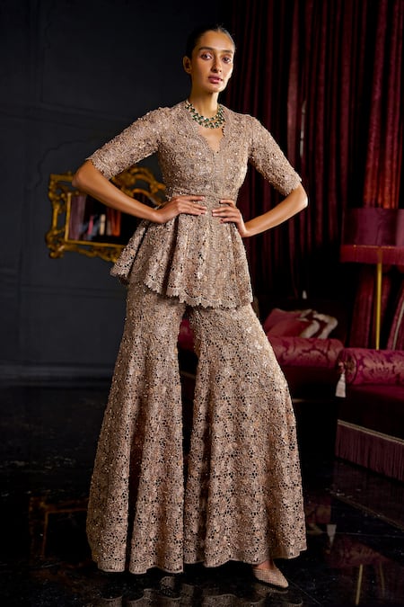 Dash And Dot_Brown Polyester Sequins, Embroidery V-neck Peplum Tunic And Flared Pant Set _at_Aza_Fashions