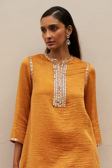 Buy Dash And Dot Yellow Silk, Cotton, Lurex Mirrors, Metallic Thread Striped Asymmetrical Kurta Online at Aza Fashions Buy_Dash And Dot_Yellow Silk, Cotton, Lurex Mirrors, Metallic Thread Striped Asymmetrical Kurta _Online_at_Aza_Fashions