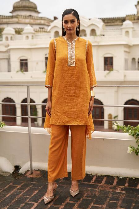 Shop Dash And Dot Yellow Silk, Cotton, Lurex Mirrors, Metallic Thread Striped Asymmetrical Kurta Online at Aza Fashions Shop_Dash And Dot_Yellow Silk, Cotton, Lurex Mirrors, Metallic Thread Striped Asymmetrical Kurta _Online_at_Aza_Fashions