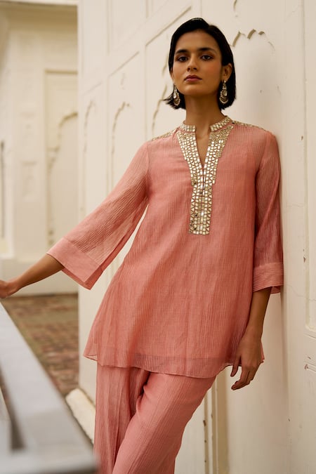 Dash And Dot_Blush Silk, Cotton, Lurex, Viscose Mirrors Mandarin Collar, Embellished Kurta _at_Aza_Fashions