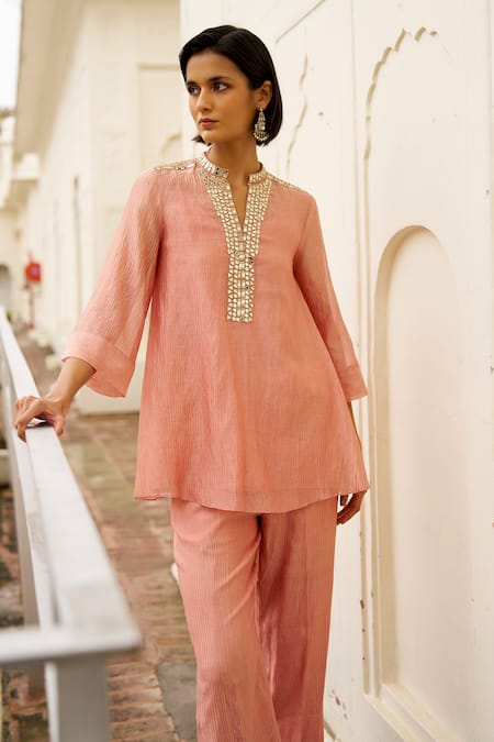 Buy Dash And Dot Blush Silk, Cotton, Lurex, Viscose Mirrors, Metallic Work Kurta And Pant Set Online at Aza Fashions Buy_Dash And Dot_Blush Silk, Cotton, Lurex, Viscose Mirrors, Metallic Work Kurta And Pant Set _Online_at_Aza_Fashions