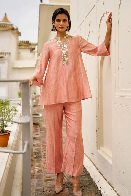 Buy Dash And Dot Blush Silk, Cotton, Lurex, Viscose Mirrors, Metallic Work Kurta And Pant Set Buy_Dash And Dot_Blush Silk, Cotton, Lurex, Viscose Mirrors, Metallic Work Kurta And Pant Set