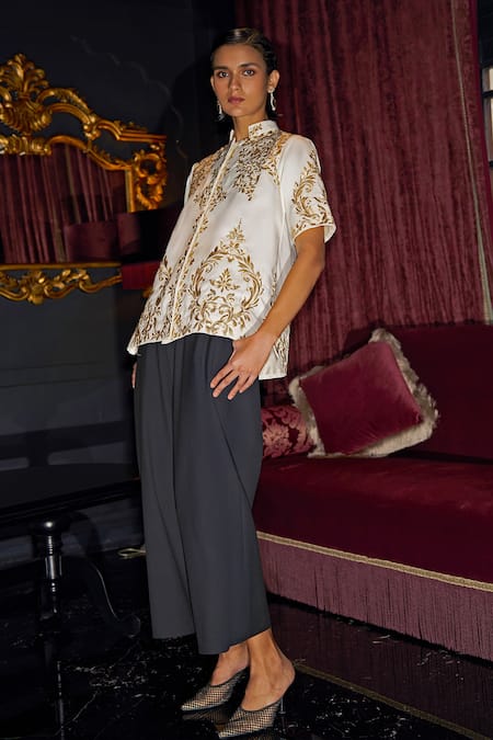 Dash And Dot Embroidered Shirt & Culotte Pant Set 