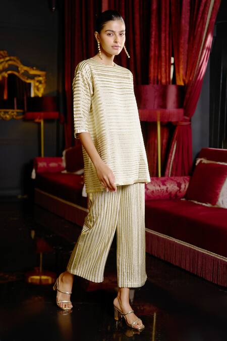 Buy_Dash And Dot_Ivory Polyester Round , Keyhole Striped Top And Pant Set _Online_at_Aza_Fashions