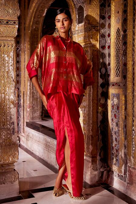 Dash And Dot_Red Silk Zari Collared, V-neck Oversized Shirt _Online_at_Aza_Fashions