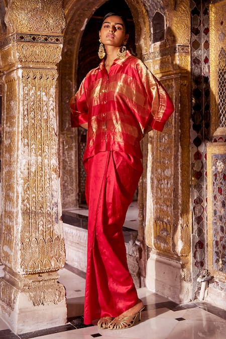 Buy_Dash And Dot_Red Silk Zari Collared, V-neck Oversized Shirt _Online_at_Aza_Fashions