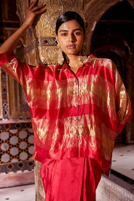 Shop_Dash And Dot_Red Silk Zari Collared, V-neck Oversized Shirt _Online_at_Aza_Fashions