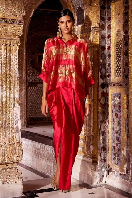 Dash And Dot_Red Silk Zari Collared, V-neck Oversized Shirt _at_Aza_Fashions