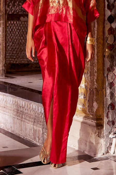 Dash And Dot_Red Silk, Viscose Zari Collared Striped Shirt And Draped Skirt Set _Online_at_Aza_Fashions