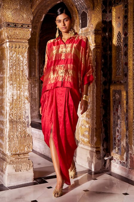 Buy_Dash And Dot_Red Silk, Viscose Zari Collared Striped Shirt And Draped Skirt Set _Online_at_Aza_Fashions