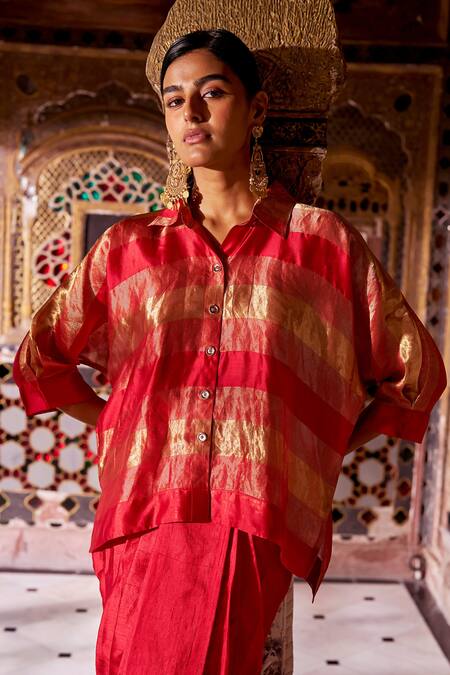 Shop_Dash And Dot_Red Silk, Viscose Zari Collared Striped Shirt And Draped Skirt Set _Online_at_Aza_Fashions