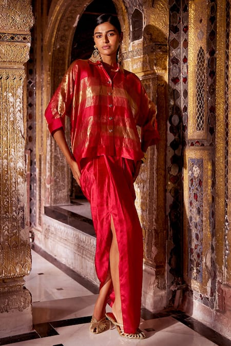 Dash And Dot Zari Silk Striped Shirt & Draped Skirt Set 