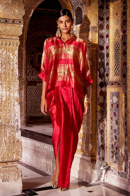 Shop_Dash And Dot_Red Silk, Viscose Zari Collared Striped Shirt And Draped Skirt Set 
