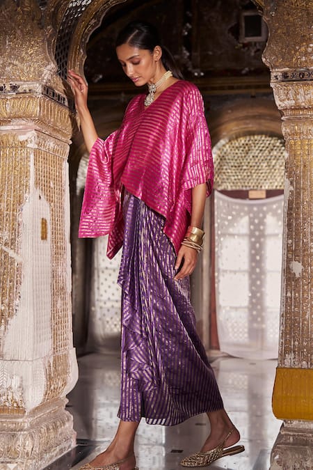 Dash And Dot_Fuchsia Silk, Lurex V-neck Striped Kaftan Top _Online_at_Aza_Fashions