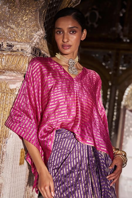 Shop_Dash And Dot_Pink Silk, Lurex V-neck Striped Kaftan Top And Draped Skirt Set _Online_at_Aza_Fashions