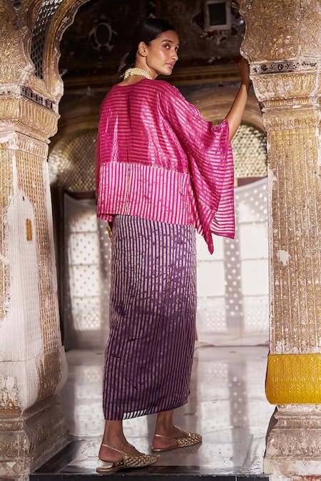 Dash And Dot Striped Kaftan Top & Draped Skirt Set 