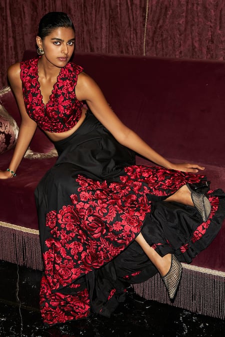 Dash And Dot Black Polyester, Viscose Embroidery Floral Flared Skirt Online at Aza Fashions Dash And Dot_Black Polyester, Viscose Embroidery Floral Flared Skirt _Online_at_Aza_Fashions