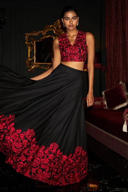 Buy Dash And Dot Black Polyester, Viscose Embroidery V-neck Crop Top And Flared Skirt Set Online at Aza Fashions Buy_Dash And Dot_Black Polyester, Viscose Embroidery V-neck Crop Top And Flared Skirt Set _Online_at_Aza_Fashions