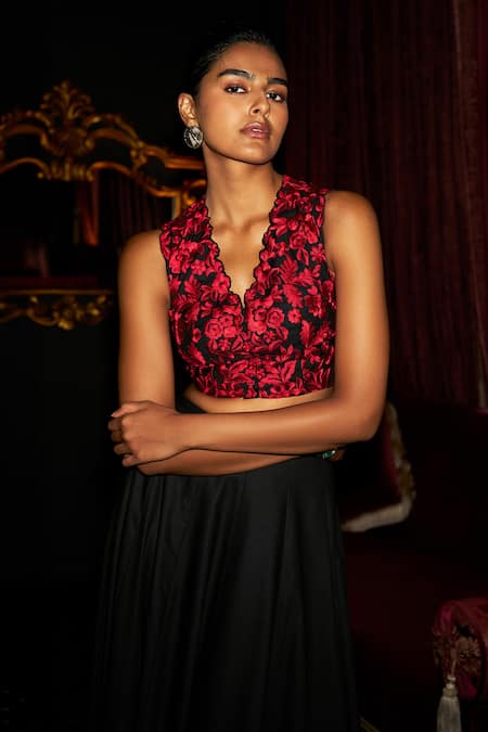 Shop Dash And Dot Black Polyester, Viscose Embroidery V-neck Crop Top And Flared Skirt Set Online at Aza Fashions Shop_Dash And Dot_Black Polyester, Viscose Embroidery V-neck Crop Top And Flared Skirt Set _Online_at_Aza_Fashions