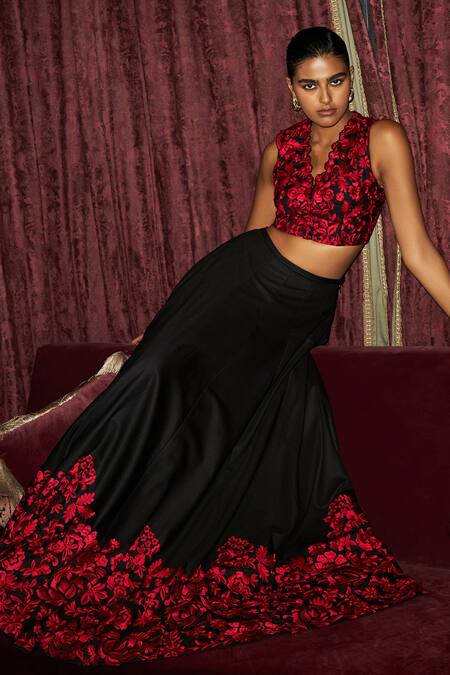 Buy Dash And Dot Black Polyester, Viscose Embroidery V-neck Crop Top And Flared Skirt Set Buy_Dash And Dot_Black Polyester, Viscose Embroidery V-neck Crop Top And Flared Skirt Set