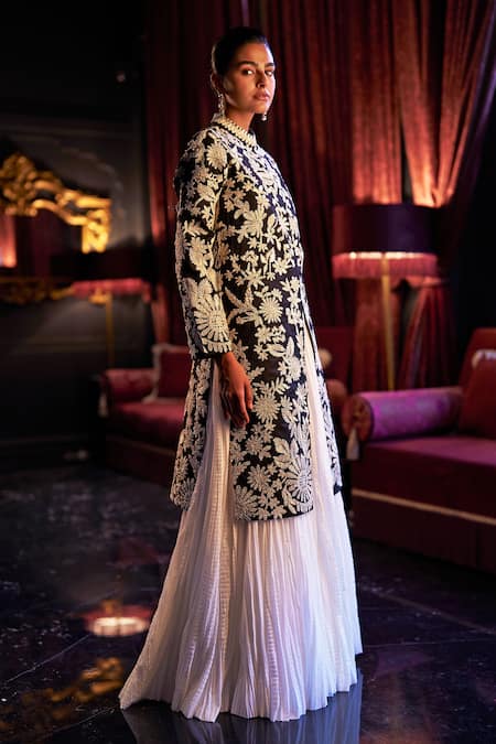 Dash And Dot_Black Polyester, Viscose Embroidery, Metallic Thread High Neck Floral Jacket _Online_at_Aza_Fashions