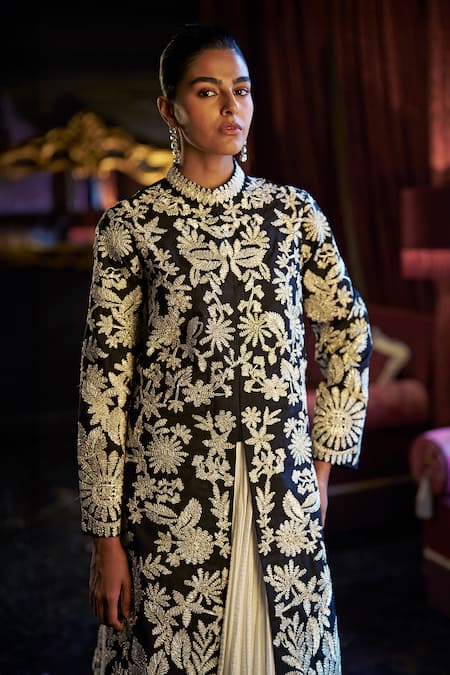 Buy_Dash And Dot_Black Polyester, Viscose Embroidery, Metallic Thread High Neck Floral Jacket _Online_at_Aza_Fashions