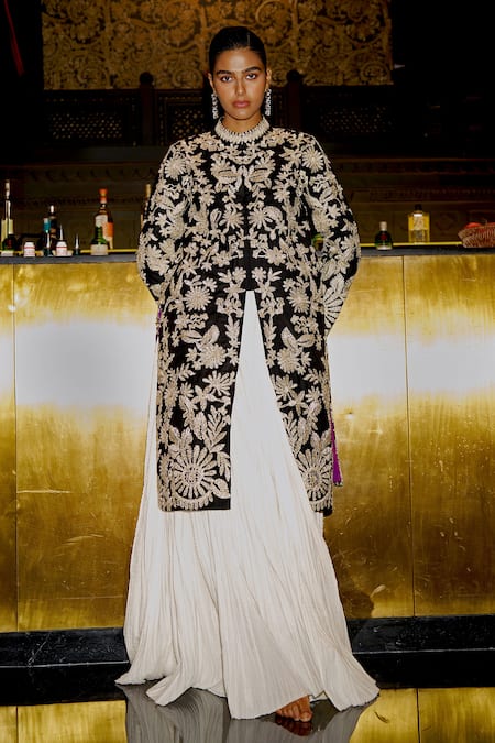 Shop_Dash And Dot_Black Polyester, Viscose Embroidery, Metallic Thread High Neck Floral Jacket _Online_at_Aza_Fashions