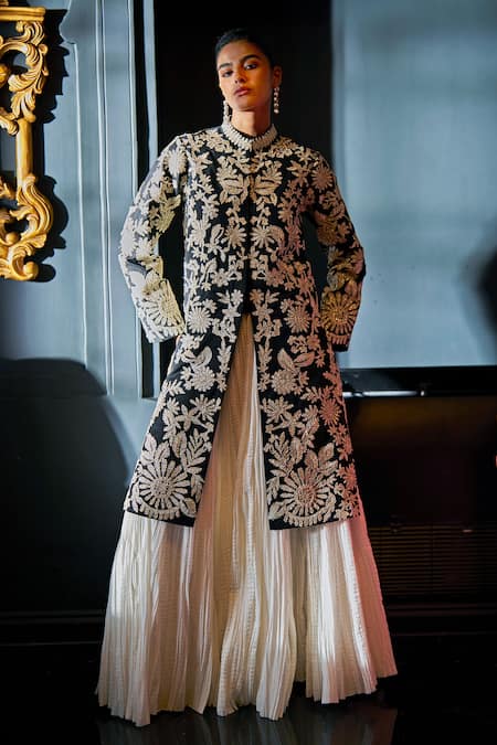 Shop Dash And Dot Black Polyester, Viscose, Spandex Embroidery High Jacket And Pleated Skirt Set Online at Aza Fashions Shop_Dash And Dot_Black Polyester, Viscose, Spandex Embroidery High Jacket And Pleated Skirt Set _Online_at_Aza_Fashions