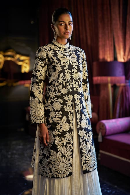 Dash And Dot Black Polyester, Viscose, Spandex Embroidery High Jacket And Pleated Skirt Set at Aza Fashions Dash And Dot_Black Polyester, Viscose, Spandex Embroidery High Jacket And Pleated Skirt Set _at_Aza_Fashions