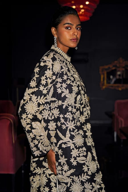 Buy Dash And Dot Black Polyester, Viscose, Spandex Embroidery High Jacket And Pleated Skirt Set Buy_Dash And Dot_Black Polyester, Viscose, Spandex Embroidery High Jacket And Pleated Skirt Set