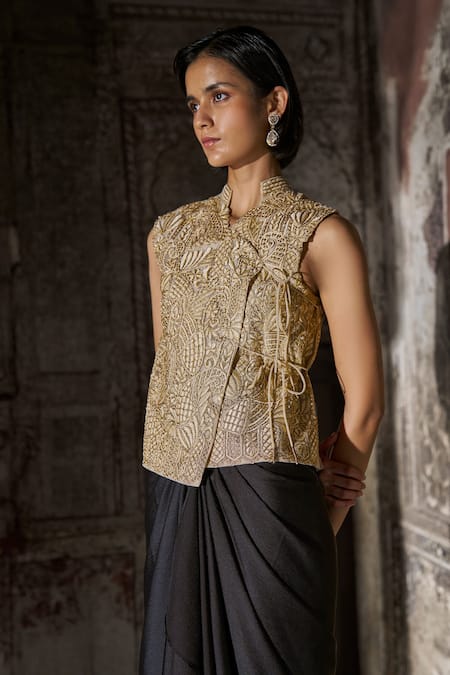 Dash And Dot_Beige Polyester Embroidery, Metallic Thread Angrakha Top And Draped Skirt Set _Online_at_Aza_Fashions