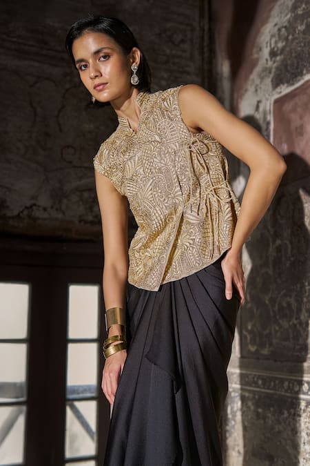 Shop_Dash And Dot_Beige Polyester Embroidery, Metallic Thread Angrakha Top And Draped Skirt Set _Online_at_Aza_Fashions