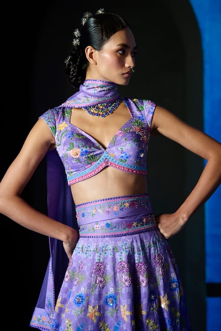 The Whole Nine Yards_Purple Satin, Dupion Beads, Sequins, Twilight Bloom Printed Lehenga Set _Online_at_Aza_Fashions
