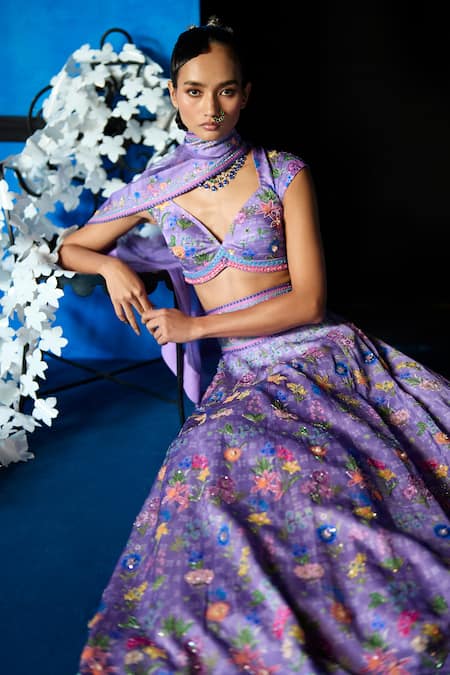 Buy_The Whole Nine Yards_Purple Satin, Dupion Beads, Sequins, Twilight Bloom Printed Lehenga Set _Online_at_Aza_Fashions