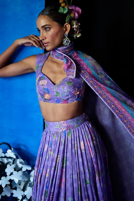 The Whole Nine Yards_Purple Satin, Organza Embroidery, Sequins Misty Dawn Floral Print Lehenga Set _Online_at_Aza_Fashions