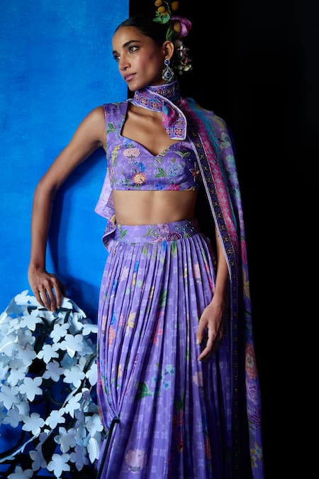 Buy_The Whole Nine Yards_Purple Satin, Organza Embroidery, Sequins Misty Dawn Floral Print Lehenga Set _Online_at_Aza_Fashions