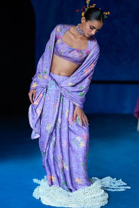 The Whole Nine Yards_Purple Satin, Organza Embroidery, Moonlight Affair Printed Saree With Blouse _Online_at_Aza_Fashions