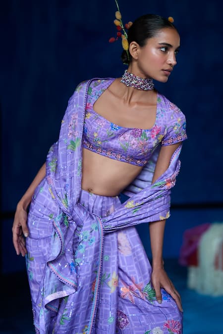 Buy_The Whole Nine Yards_Purple Satin, Organza Embroidery, Moonlight Affair Printed Saree With Blouse _Online_at_Aza_Fashions