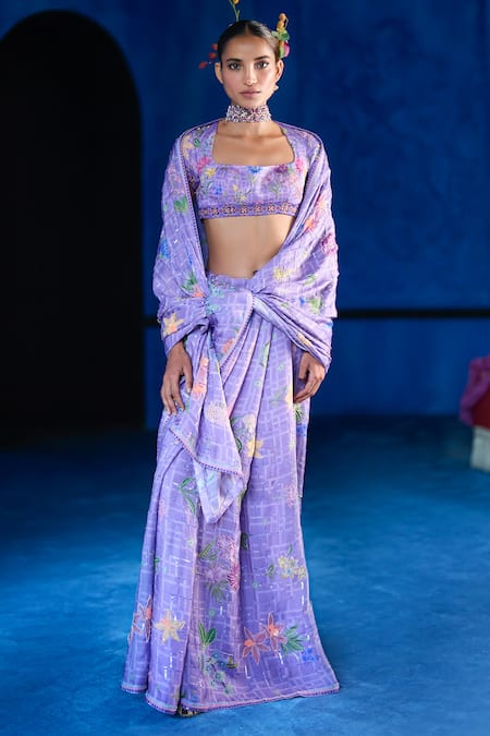 Shop_The Whole Nine Yards_Purple Satin, Organza Embroidery, Moonlight Affair Printed Saree With Blouse _Online_at_Aza_Fashions