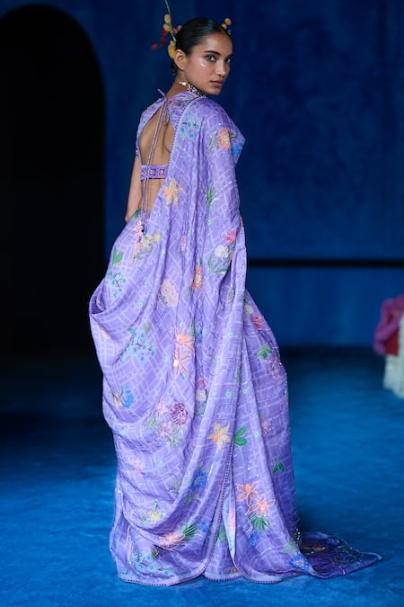 The Whole Nine Yards_Purple Satin, Organza Embroidery, Moonlight Affair Printed Saree With Blouse _at_Aza_Fashions