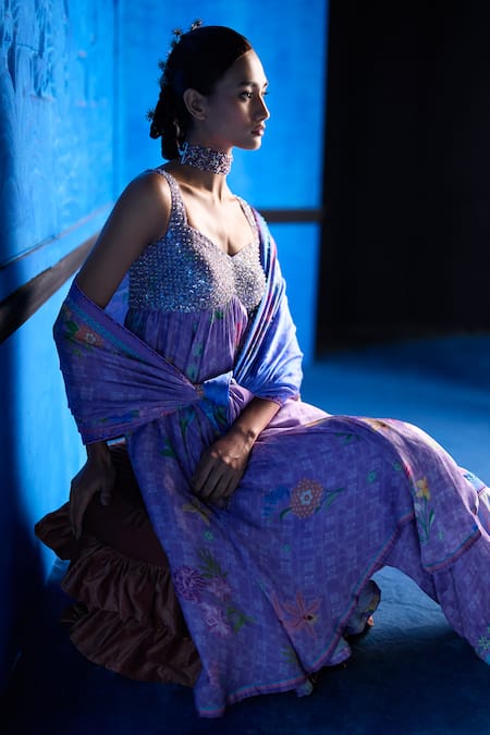 The Whole Nine Yards_Purple Bemberg, Satin Sequins, Beads Blushing Sky Printed Anarkali Set _Online_at_Aza_Fashions