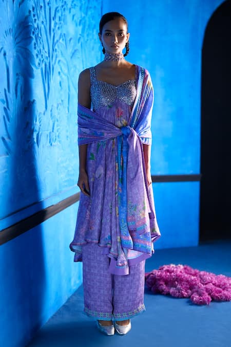 Shop_The Whole Nine Yards_Purple Bemberg, Satin Sequins, Beads Blushing Sky Printed Anarkali Set _Online_at_Aza_Fashions