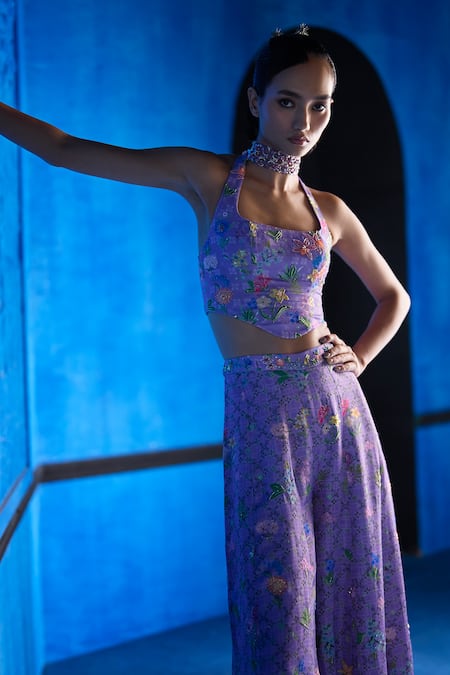 Buy_The Whole Nine Yards_Purple Satin, Dupion Embroidery Halter Her Tribe Printed Corset And Sharara Set _Online_at_Aza_Fashions