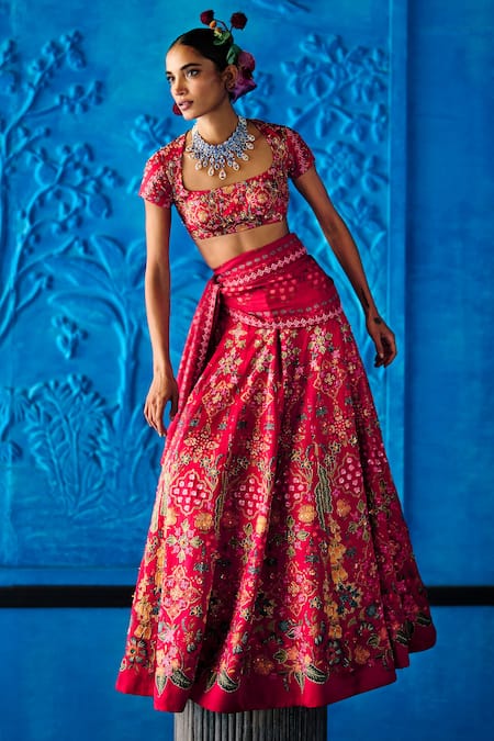 The Whole Nine Yards_Red Satin, Dupion Beads, Sequins, Say Yes Scarlett Printed Lehenga Set _Online_at_Aza_Fashions