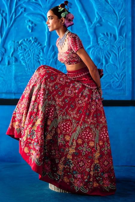 Buy_The Whole Nine Yards_Red Satin, Dupion Beads, Sequins, Say Yes Scarlett Printed Lehenga Set _Online_at_Aza_Fashions