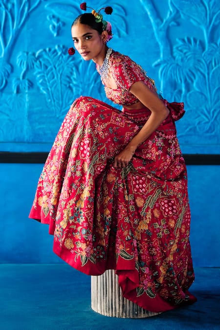 Shop_The Whole Nine Yards_Red Satin, Dupion Beads, Sequins, Say Yes Scarlett Printed Lehenga Set _Online_at_Aza_Fashions