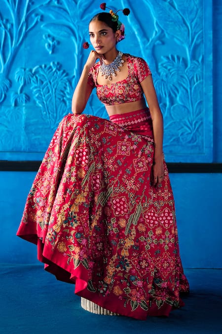 The Whole Nine Yards_Red Satin, Dupion Beads, Sequins, Say Yes Scarlett Printed Lehenga Set _at_Aza_Fashions
