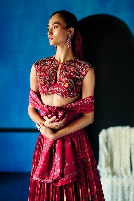 The Whole Nine Yards_Red Satin, Organza Embroidery, Foil Printing Rouge Symphony Printed Lehenga Set _Online_at_Aza_Fashions