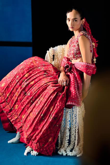 Buy_The Whole Nine Yards_Red Satin, Organza Embroidery, Foil Printing Rouge Symphony Printed Lehenga Set _Online_at_Aza_Fashions